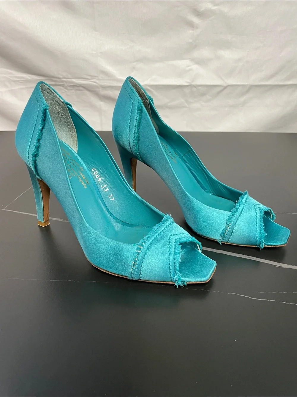 PEDRO GARCIA TEAL SATIN FRAYED PEEP TOE HEELS FTL-08-201